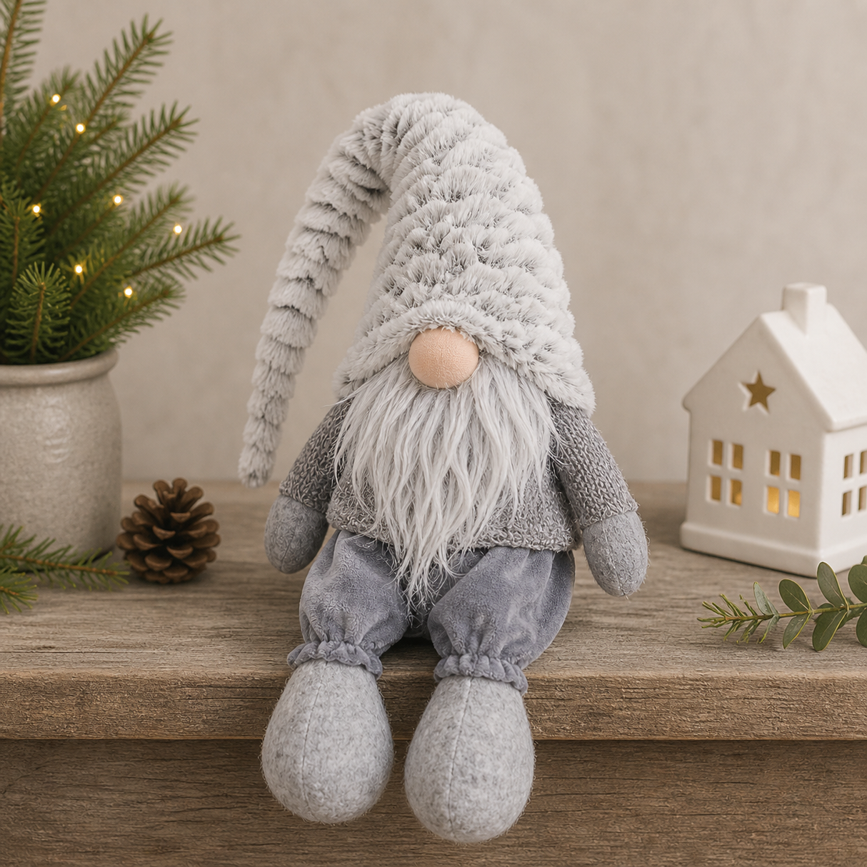 Tomte med luva sittande Grå/Vit Stor