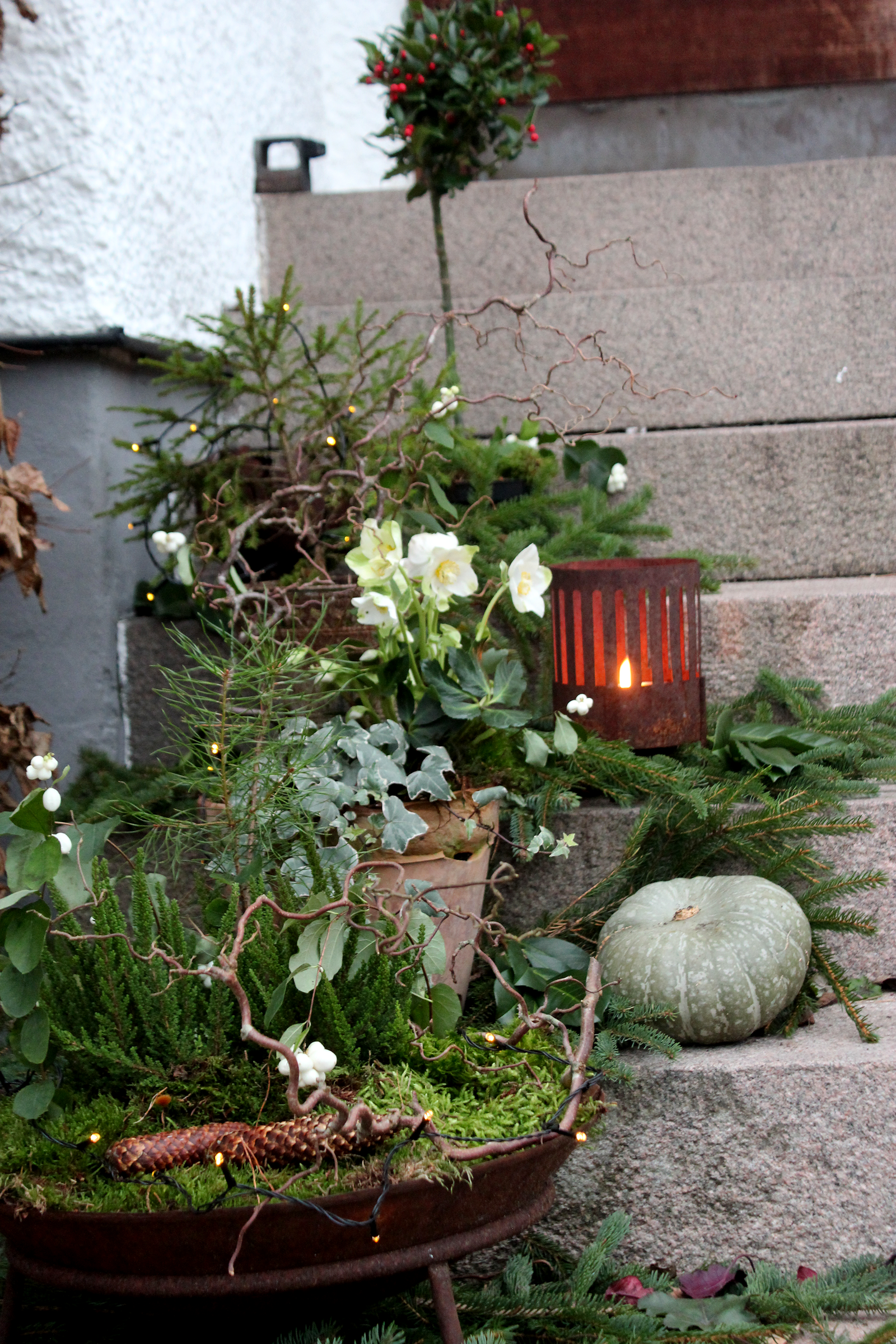 Hållbart vinterpynt i trädgården: kruka med mossa, granris, ljung och julros – naturens egna material för vacker vinterplantering.