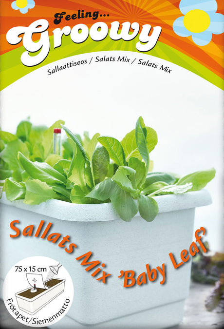 Sallatsmix 'baby leaf' i balkonglåda odlad med Feeling Groowy frömatta från Nelson Garden – enkel balkongodling, närodlat och minimal skötsel.