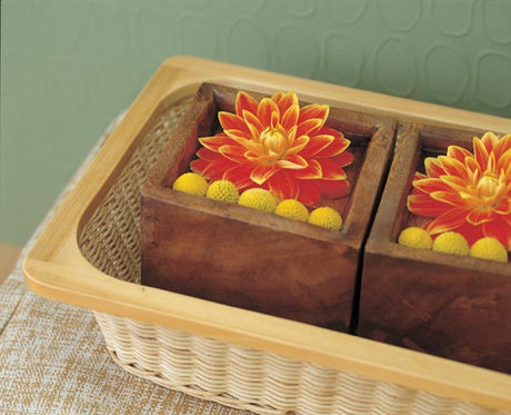 Lugnt, stilrent blomsterarrangemang med krukväxter och snittblommor i strikta kärl, avskalade former och tydliga linjer; harmonisk och balanserad skandinavisk inredning i varma jordfärger som förmedlar ordning och naturlig skönhet.