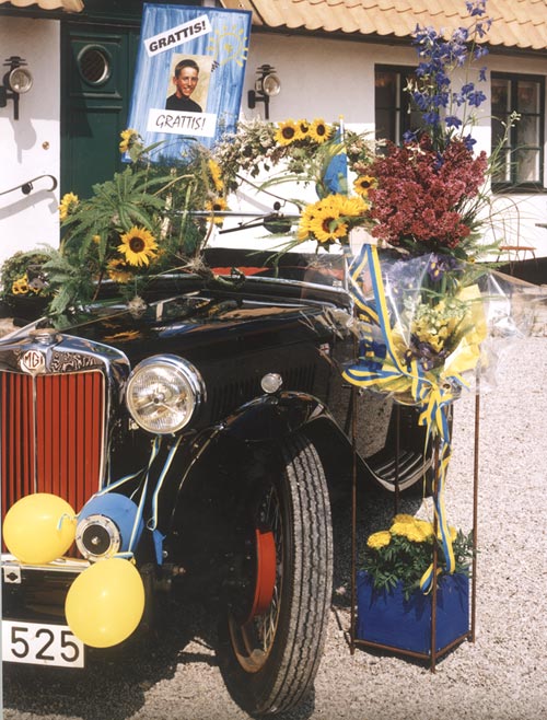 Fira skolavslutning i Sverige – svensk examenstradition med blombuketter kring halsen, blågula band och blomsterkrans; skolavslutningsblommor som blåklint och prästkrage samt den klassiska doften av lövkoja.