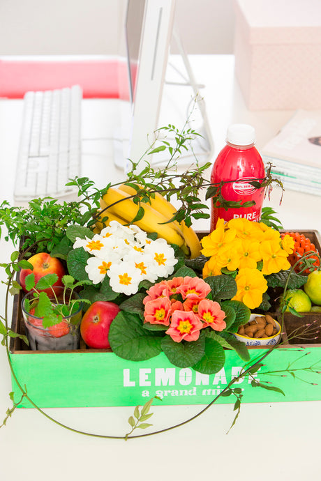 Floradania: vackert arrangemang med primulor på bricka i hemmakontor – grönska som ger vårkänsla, bättre inomhusmiljö, arbetsro och ökat välmående på hemarbetsplatsen.