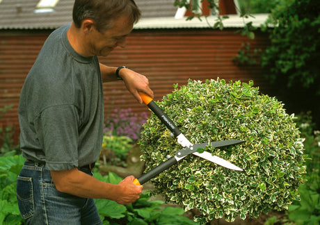 Manuell häcksax för formklippning av häckar och buskar – vassa blad för rena snitt, ergonomiska handtag och hållbar metallkonstruktion; rakt eller vågigt blad, ev. teleskopskaft.
