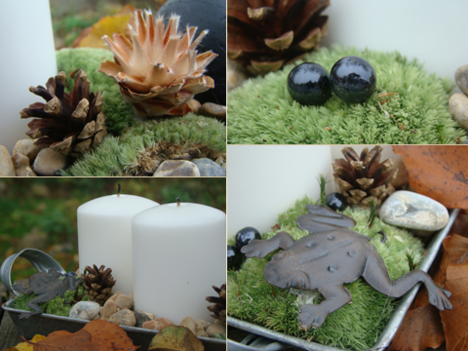 Adventsinspiration från Odla.nu: kollage med ljusstake och julpyssel i naturliga material - mossa, kottar och vintergrönt för stämning inne och ute