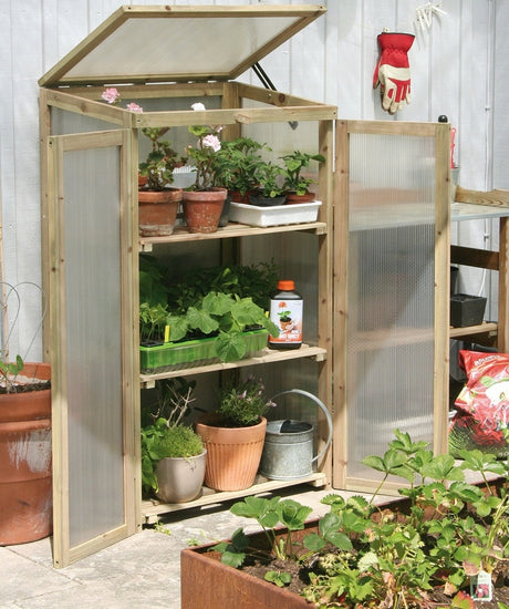 Litet växthus i barrträ och isolerplast på balkong – miniväxthus för små ytor med ställbar ventilationslucka och plats för tomatplantor; perfekt för odling på terrass och altan.