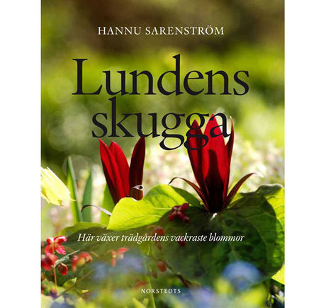 Bokomslag till Lundens skugga (Norstedts 2013) av Hannu Sarenström – poetisk trädgårdsbok om trädgårdslunden i halvskugga med inspiration och praktiska råd för lundväxter: snödroppar, sippor, krokus, magnolia, aklejor, liljor, höstanemoner.
