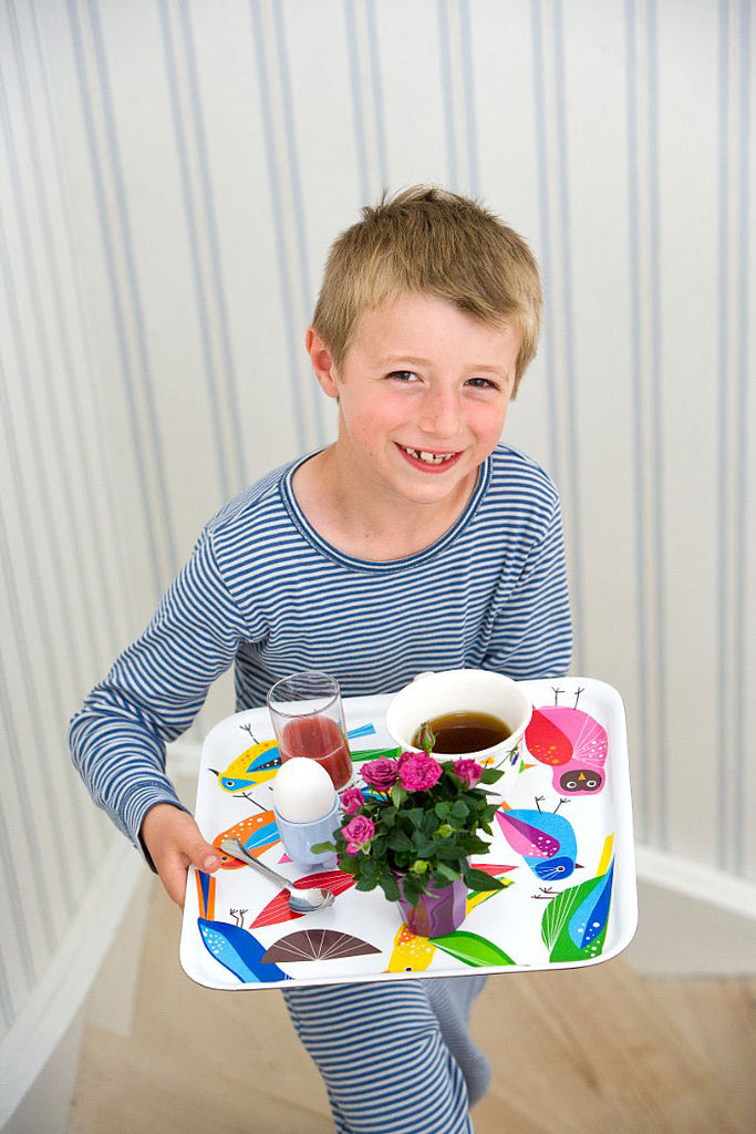 Mors dag-morgonbricka med miniplantor i hjärtform och blomhuvuden av rosor och nejlikor – svenska krukväxter som renar luften, höjer välbefinnandet och ger ett hållbart firande.