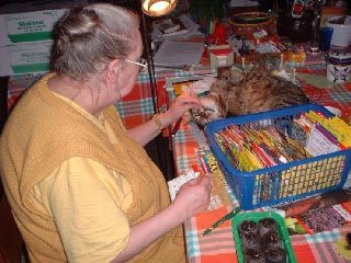 Rita with seed trays indoors in Höör, Sweden — spring gardening and seed germination of sunflowers, zinnias, asters and marigolds (tagetes) despite cold, uneven spring temperatures.