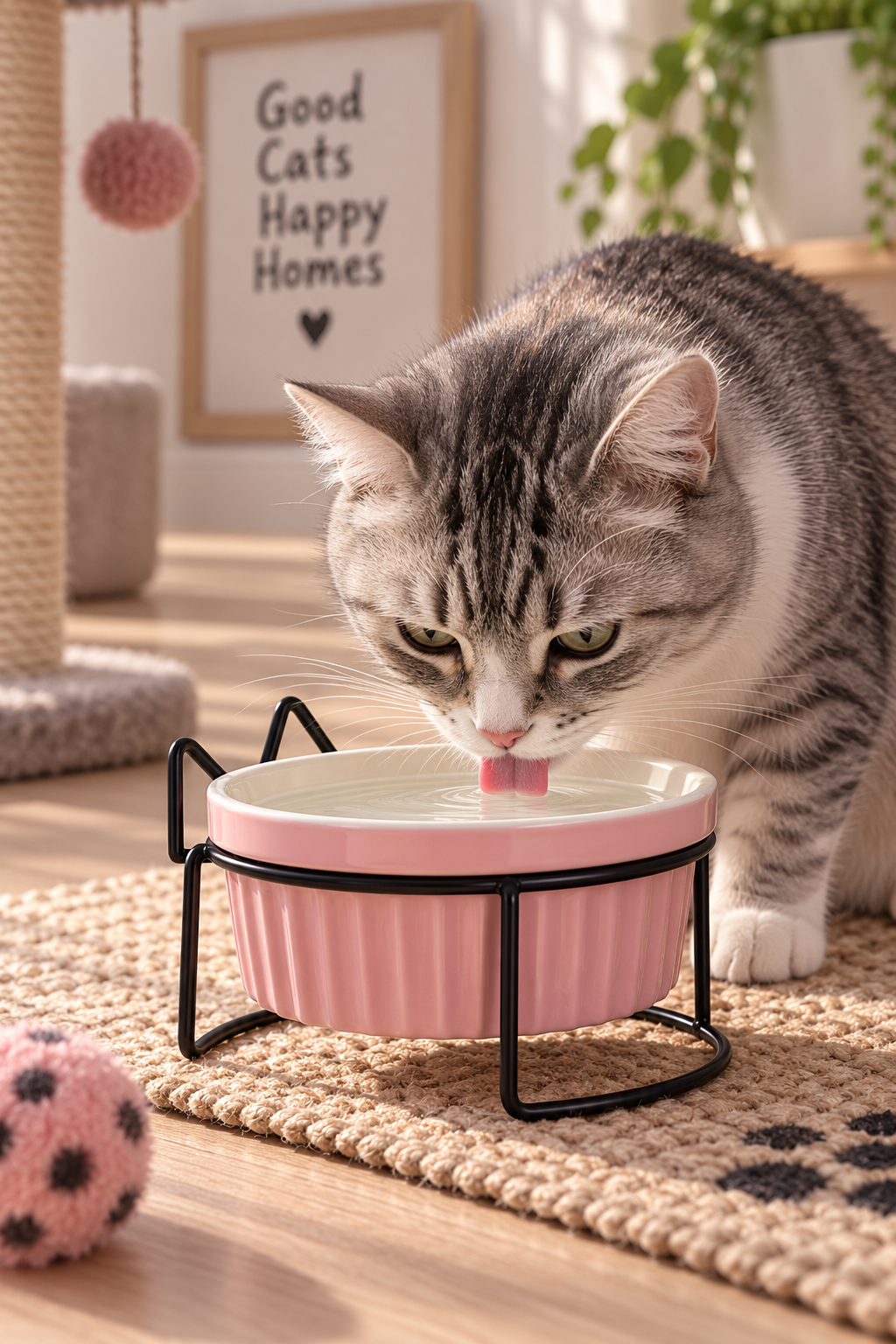 Matskål med ställ för katt rosa