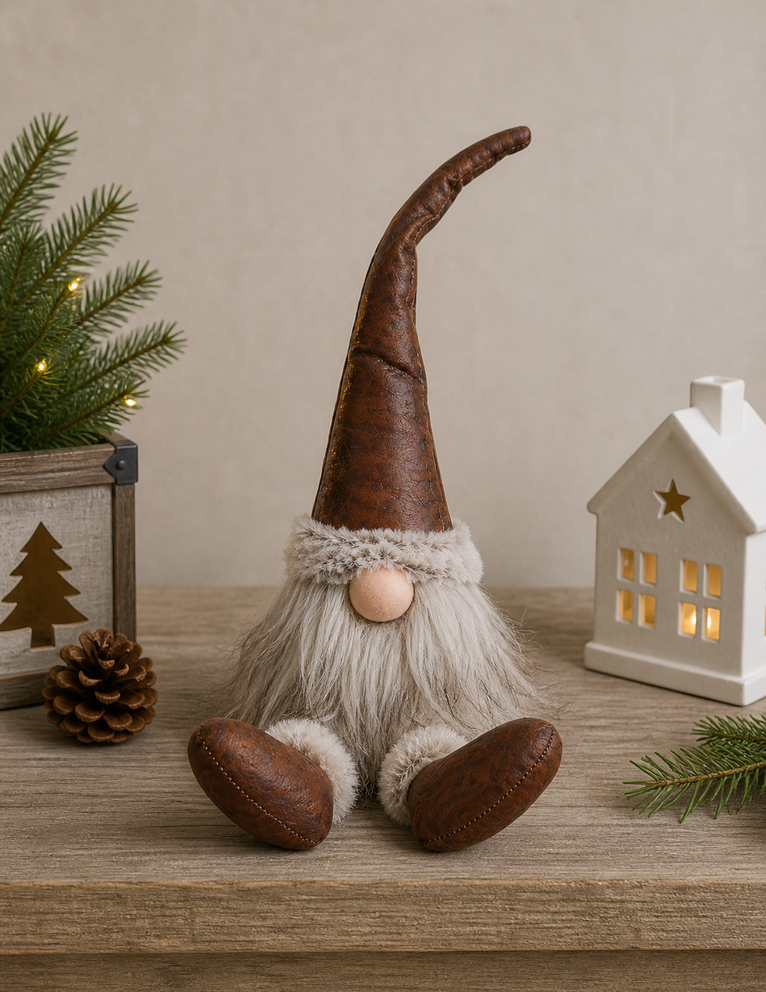 Tomte sittandes brun skinnluva