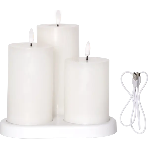 LED Blockljus 3-pack Flamme Charge Vit 7,5x10/12,5/15 cm